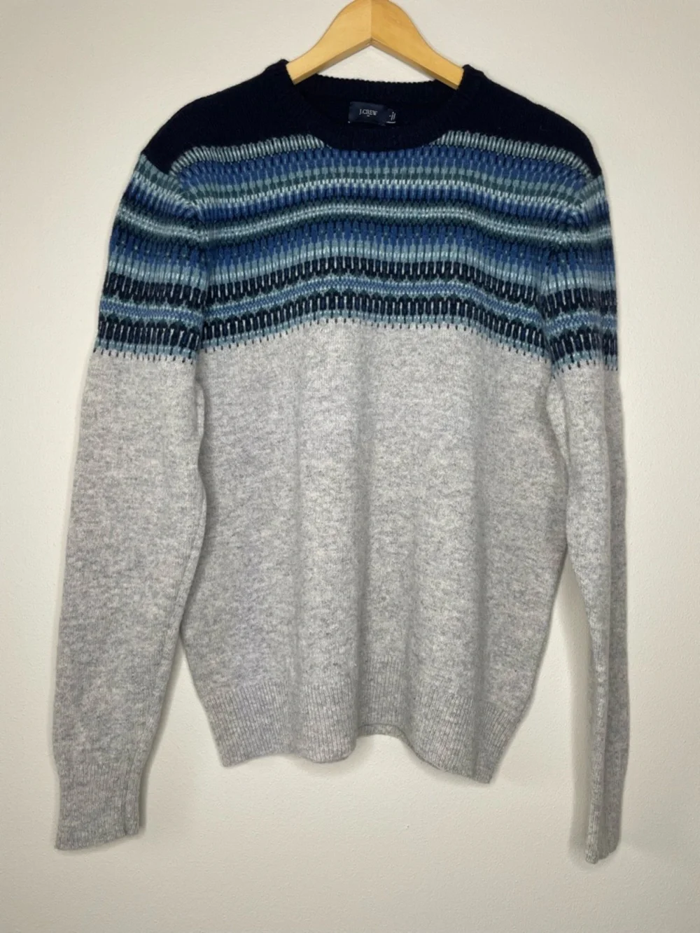 J. Crew Factory Gray Crewneck Lambswool Sweater with Blue Fair Isle Yoke